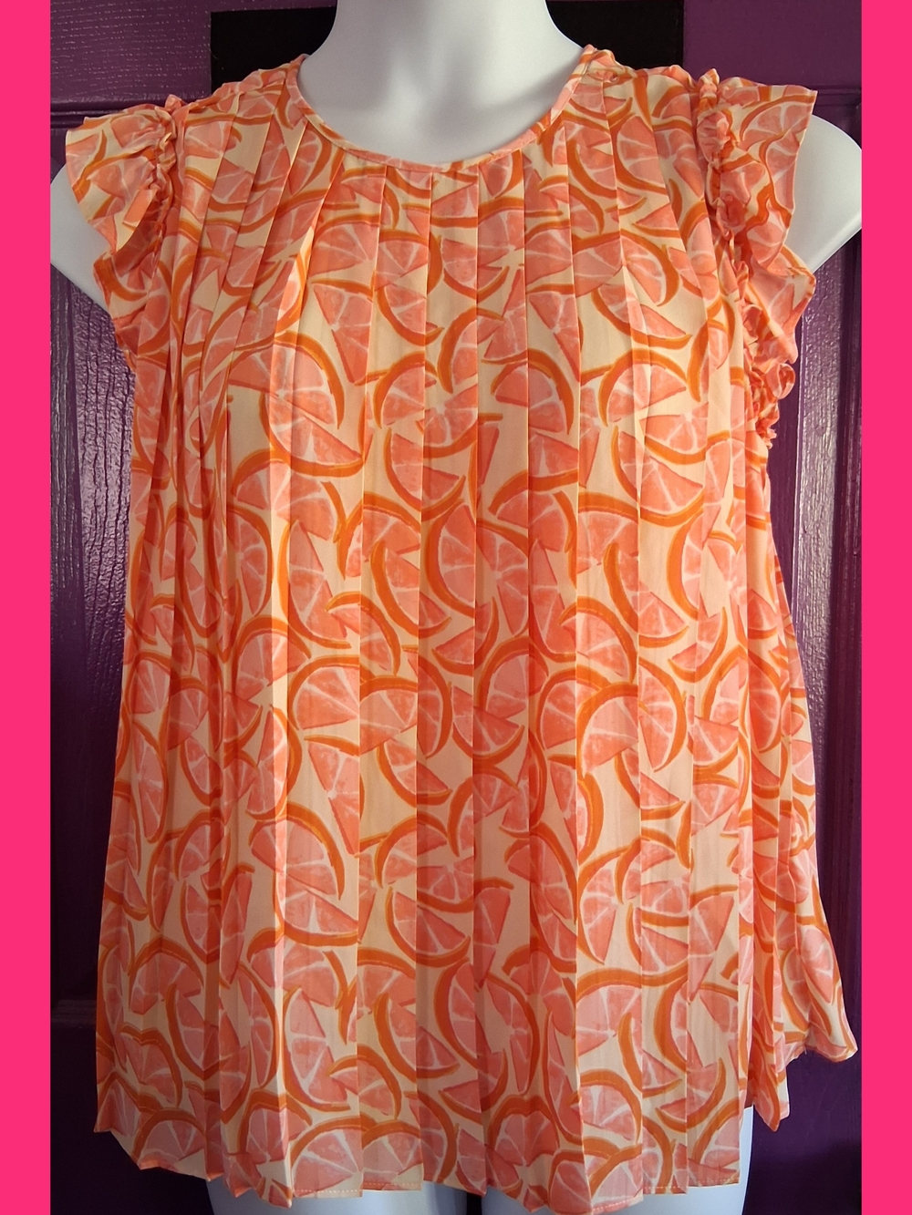DR2 Orange and Cream Citrus Pleated Ruffle Sleeve Blouse